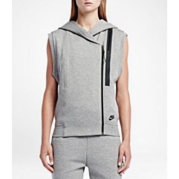 Nike Tech Vest Woman Small Gray Hood Zip Pocket Sportswear Running Gym Athletic - Picture 1 of 9